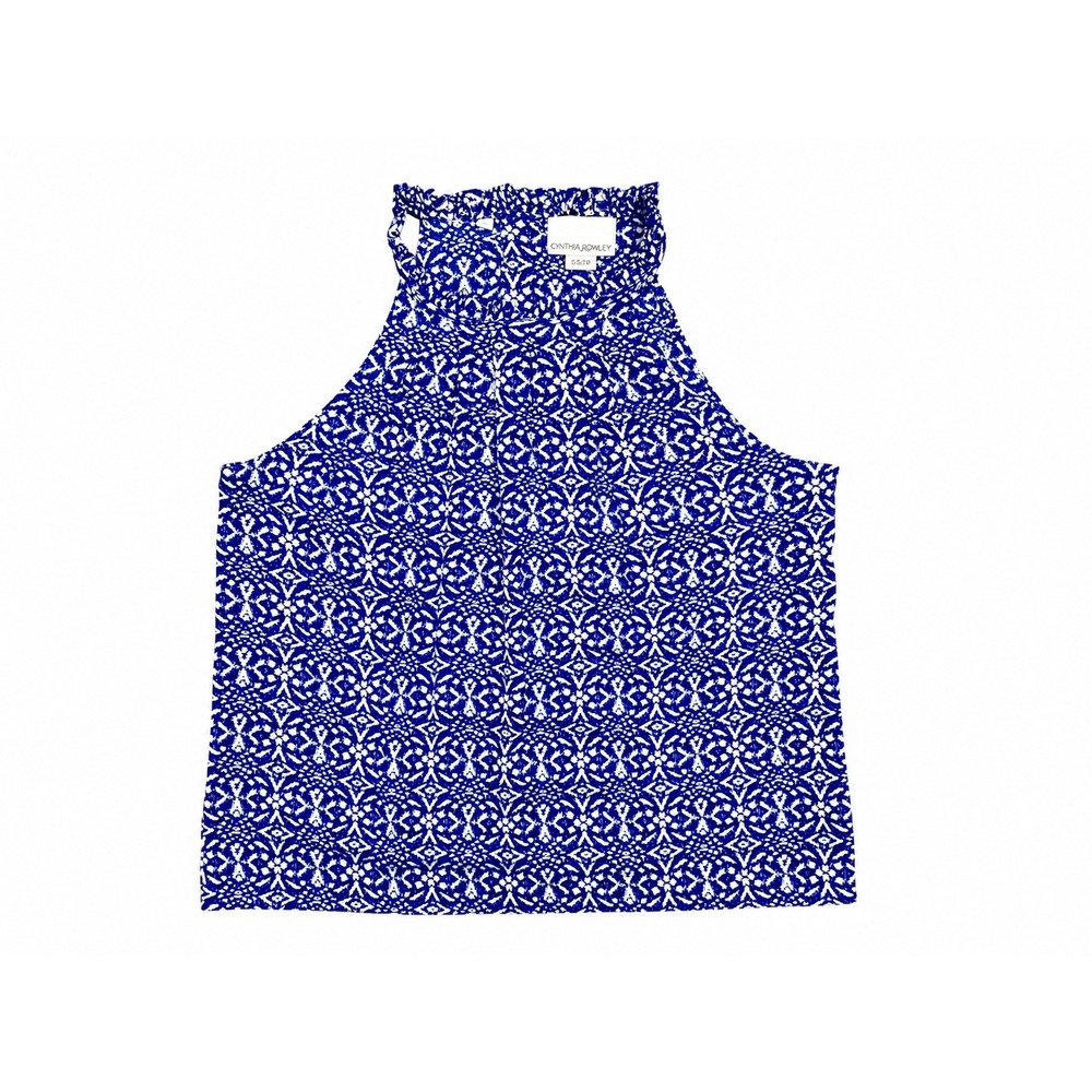 Cynthia Rowley 100% Silk Blouse Size S Blue White Print Ruffle Neck Sleeveless - Picture 4 of 6